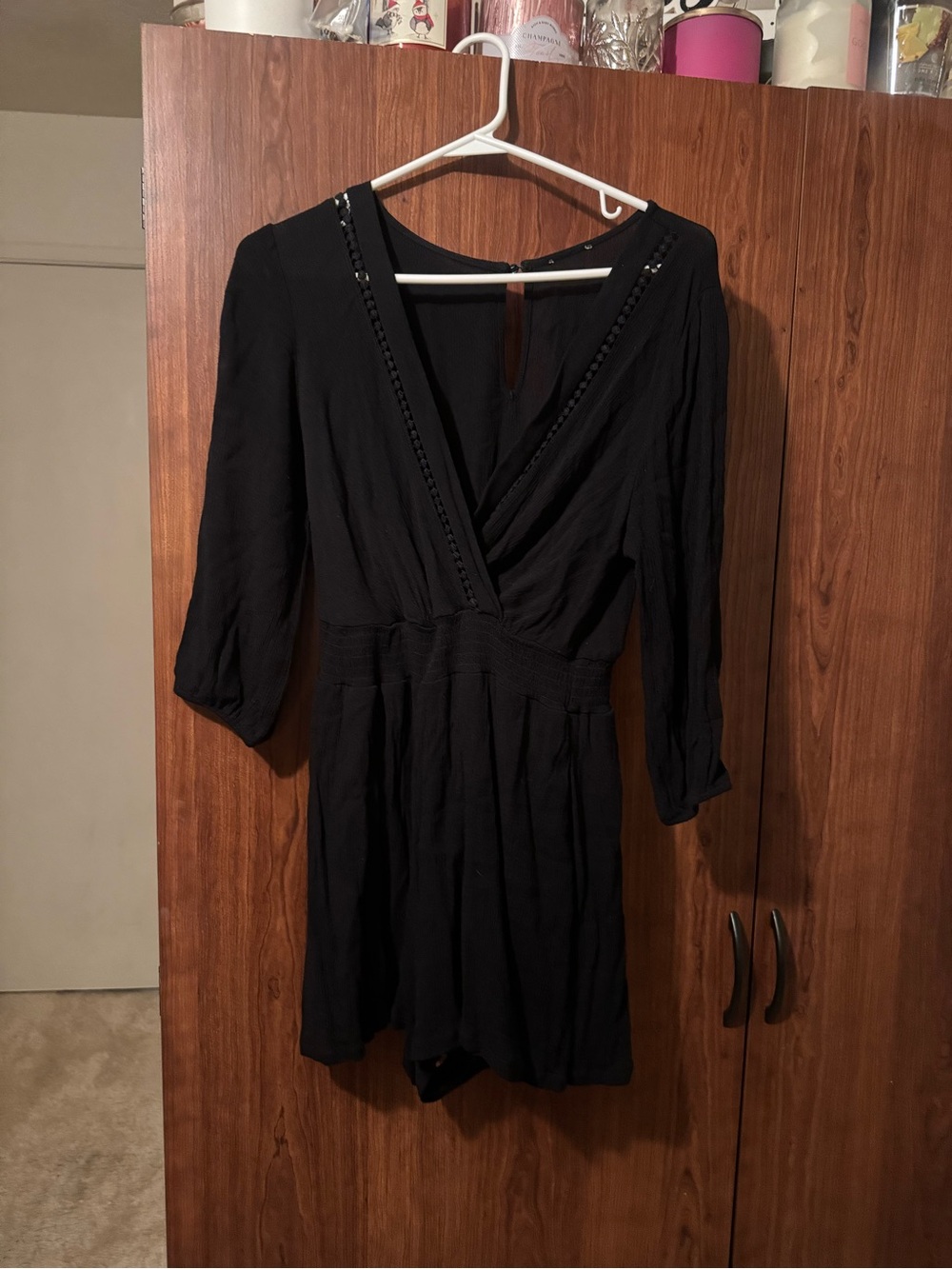 Women’s Black Long-Sleeve Smocked Waist Romper